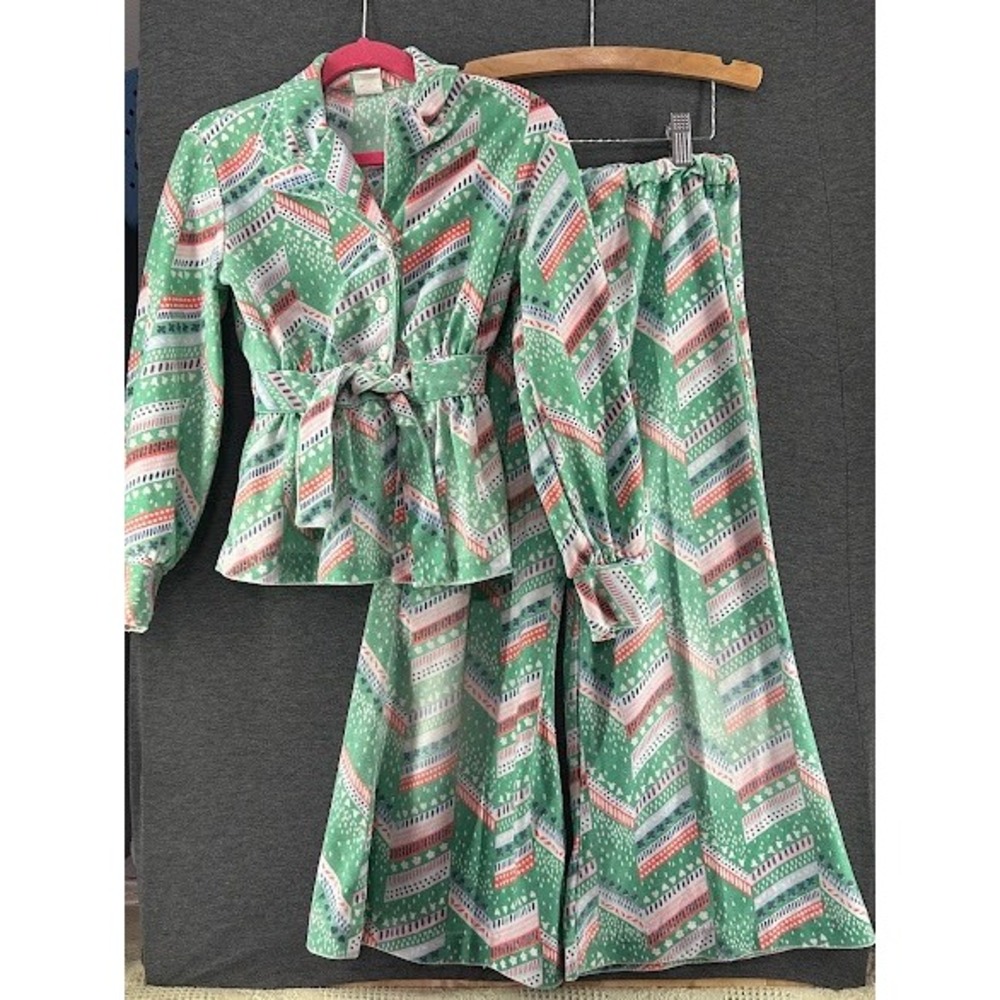 Vintage Girls Green Geometric Print Peplum Top & Wide Leg Pants Set Size 7